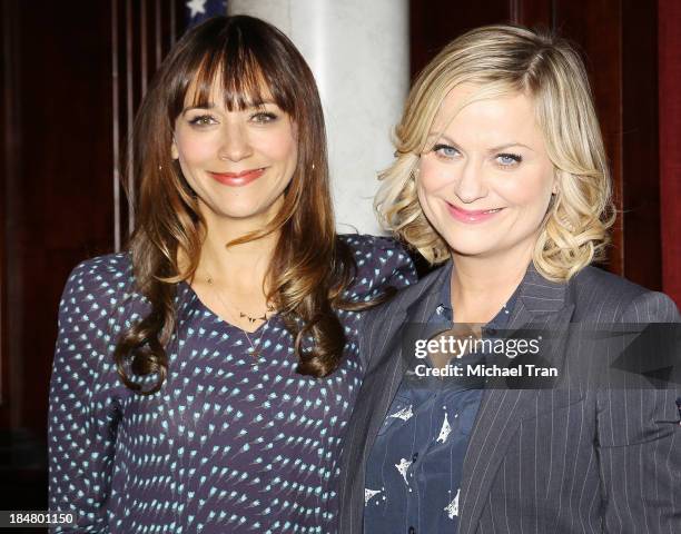 Rashida Jones and Amy Poehler attend the "Parks And Recreation" 100th episode celebration held at CBS Studios - Radford on October 16, 2013 in Studio...