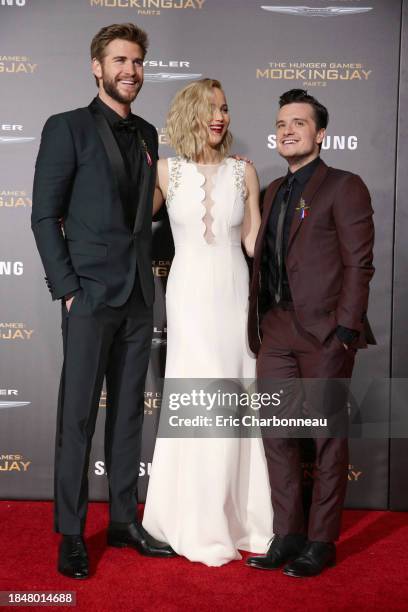Liam Hemsworth, Jennifer Lawrence and Josh Hutcherson seen at Los Angeles Premiere of Lionsgate's 'The Hunger Games: Mockingjay - Part 2' on Monday,...