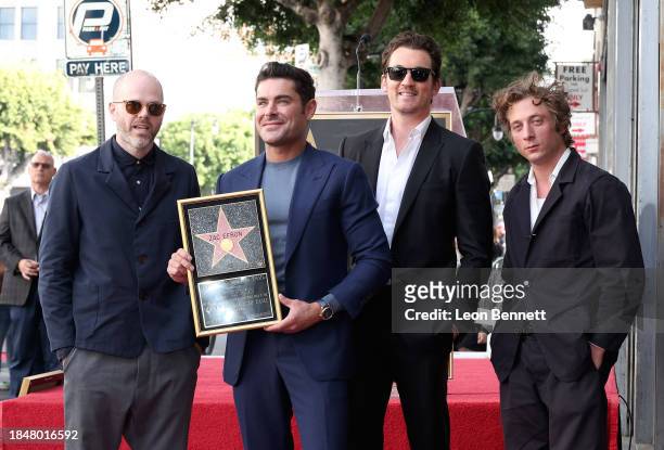 Sean Durkin, Zac Efron, Miles Teller and Jeremy Allen White attend the Hollywood Walk of Fame Star Ceremony Honoring Zac Efron on December 11, 2023...
