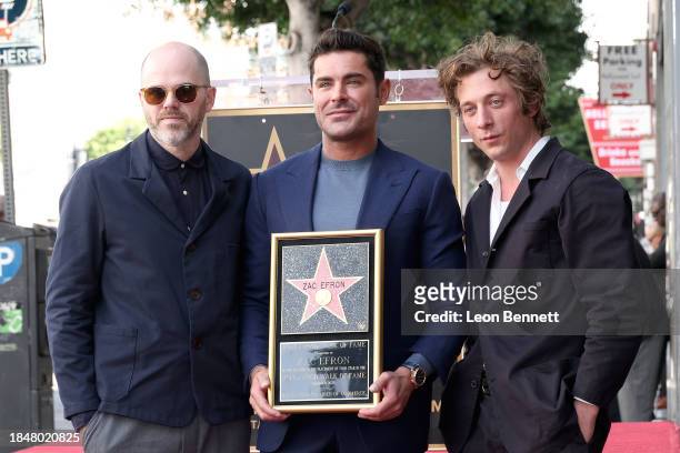 Sean Durkin, Zac Efron and Jeremy Allen White attend the Hollywood Walk of Fame Star Ceremony Honoring Zac Efron on December 11, 2023 in Hollywood,...