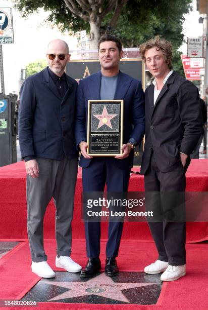 Sean Durkin, Zac Efron and Jeremy Allen White attend the Hollywood Walk of Fame Star Ceremony Honoring Zac Efron on December 11, 2023 in Hollywood,...