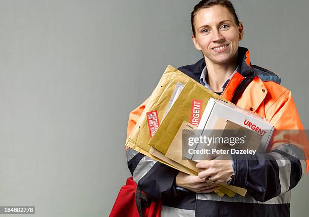 courier/postwoman with copy space - delivery person on white stock pictures, royalty-free photos & images