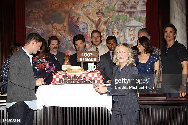Michael Schur with Amy Poehler and the cast of "Parks And Recreation" attend their 100th episode celebration held at CBS Studios - Radford on October...