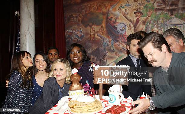 Rashida Jones, Aubrey Plaza, Amy Poehler, Retta, Aziz Ansari and Nick Offerman attend the "Parks And Recreation" 100th episode celebration held at...