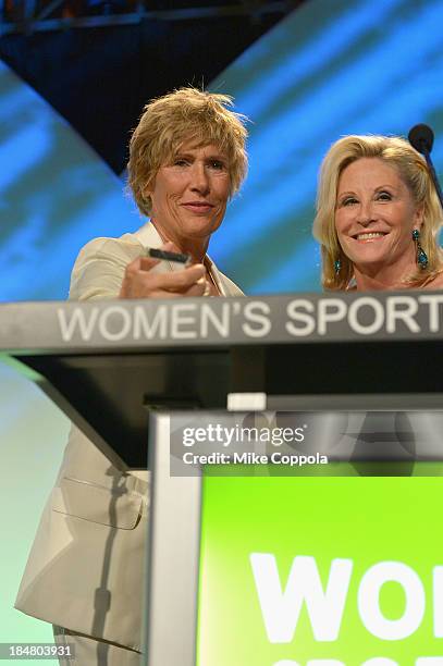 Long-distance swimmer Diana Nyad and former Olympic swimmer Donna de Varona onstage during the 34th annual Salute to Women In Sports Awards at...