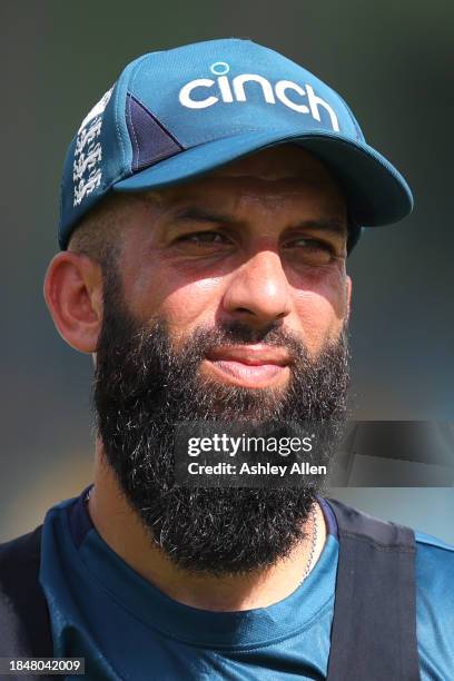 Moeen Ali of England looks on during an England Net session ahead of the first T20i between West Indies and England at Kensington Oval on December...