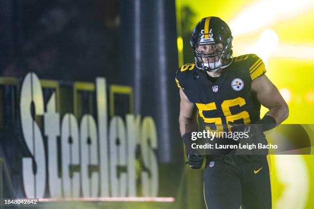 Alex Highsmith of the Pittsburgh Steelers runs onto the field before the game against the New England Patriots at Acrisure Stadium on December 7,...