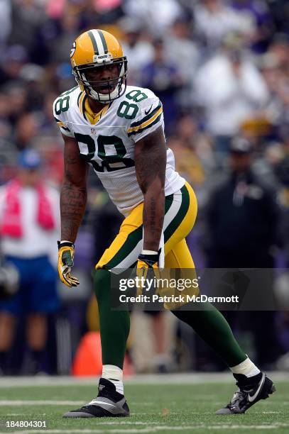 Jermichael Finley of the Green Bay Packers lines up against the Baltimore Ravens during a game at M&T Bank Stadium on October 13, 2013 in Baltimore,...