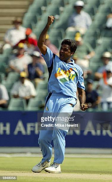 Javagal Srinath of India celebrates trapping Aravinda De Silva of Sri Lanka for lbw during the ICC Cricket World Cup 2003 Super Sixes match between...