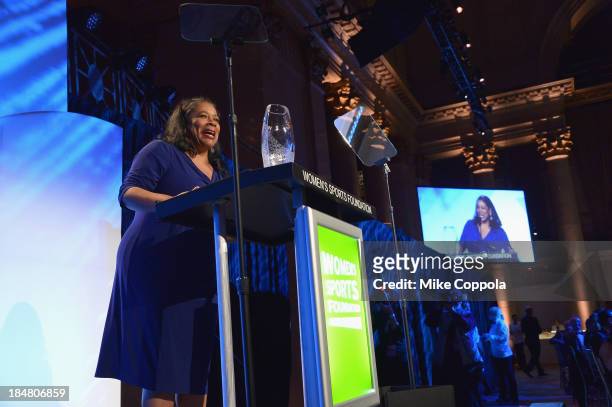 President of the WNBA Laurel Richie with the Billie Jean King Contribution Award onstage during the 34th annual Salute to Women In Sports Awards at...