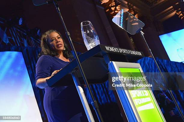 President of the WNBA Laurel Richie with the Billie Jean King Contribution Award onstage during the 34th annual Salute to Women In Sports Awards at...