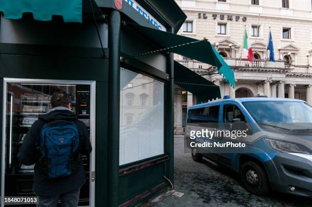 General view is showing the new newspaper and magazine vending machine in front of Palazzo Chigi in Rome, Italy, on December 14, 2023.