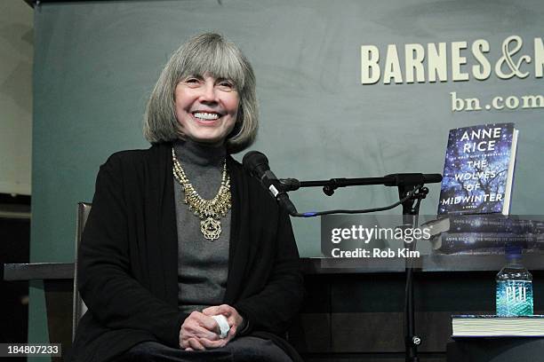 Anne Rice signs copies of her new book "The Wolves of Midwinter: The Wolf Gift Chronicles" at Barnes and Noble Union Square on October 16, 2013 in...
