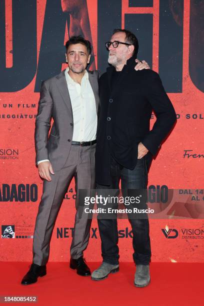 Adriano Giannini and Valerio Mastandrea attend the red carpet for the movie "Adagio" at The Space Parco De Medici on December 11, 2023 in Rome, Italy.
