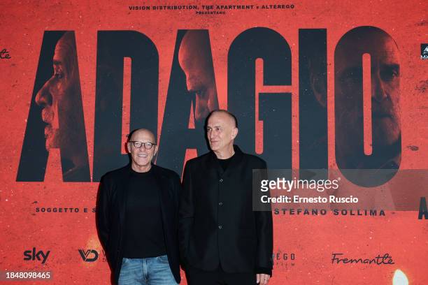 Stefano Bises and director Stefano Sollima attends the red carpet for the movie "Adagio" at The Space Parco De Medici on December 11, 2023 in Rome,...