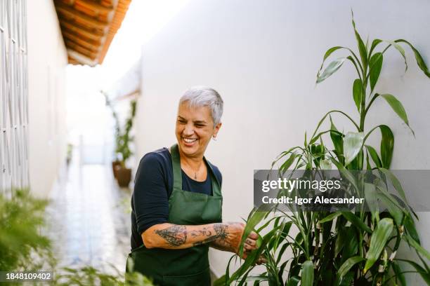 smiling woman taking care of plants in the backyard - kort haar stockfoto's en -beelden