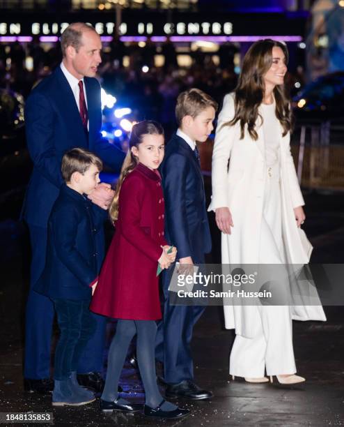 Prince William, Prince of Wales, Prince Louis of Wales, Princess Charlotte of Wales, Prince George of Wales and Catherine, Princess of Wales attend...