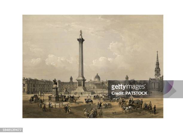 trafalgar square with the national gallery and st. martin's church color lithograph - tradition town square stock pictures, royalty-free photos & images