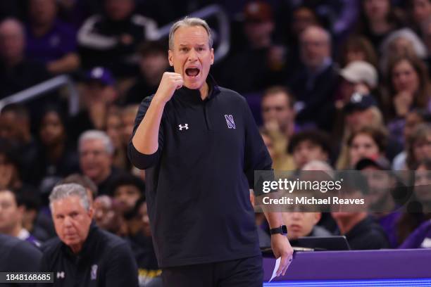 Head coach Chris Collins of the Northwestern Wildcats reacts against the Purdue Boilermakers during the first half at Welsh-Ryan Arena on December...