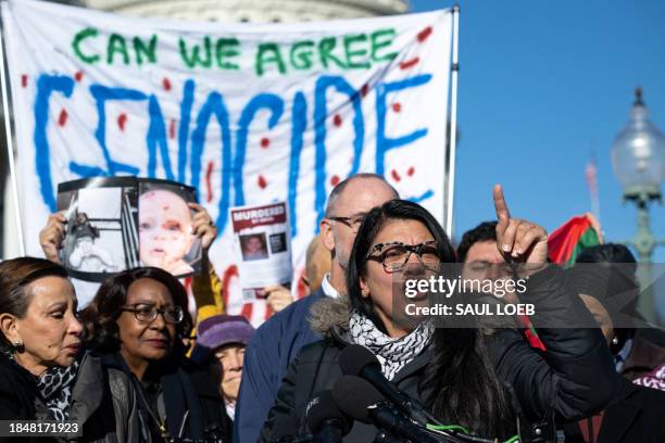 Representative Rashida Tlaib, Democrat from Michigan, speaks during a press conference with union leaders and supporters of a ceasefire in Gaza...