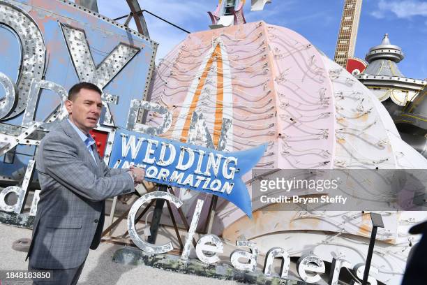 The Neon Museum Executive Director Aaron Berger explains the restoration process the of The Flamingo Las Vegas Hotel and Casino plume sign at The...