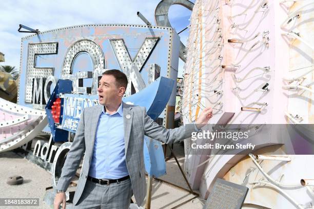 The Neon Museum Executive Director Aaron Berger explains the restoration process the of The Flamingo Las Vegas Hotel and Casino plume sign at The...
