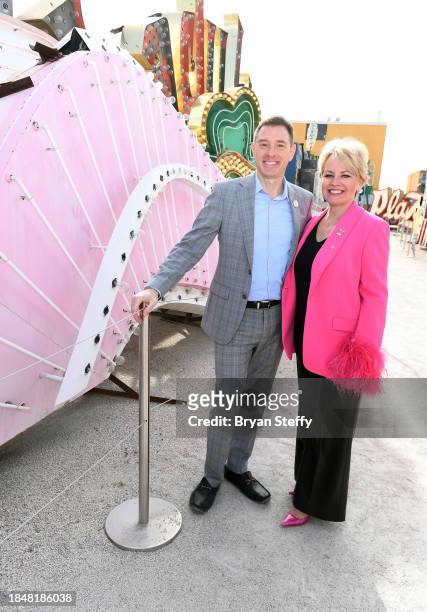 The Neon Museum Executive Director Aaron Berger and donor Emily Conner Cooper attend the announcement of The Flamingo Las Vegas Hotel and Casino...