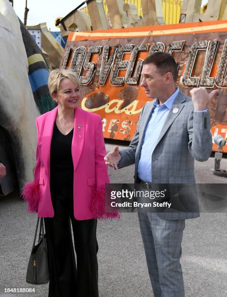 Donor Emily Conner Cooper listens as The Neon Museum Executive Director Aaron Berger explains the restoration process the of The Flamingo Las Vegas...