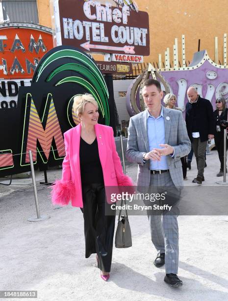 Donor Emily Conner Cooper listens as The Neon Museum Executive Director Aaron Berger explains the restoration process the of The Flamingo Las Vegas...