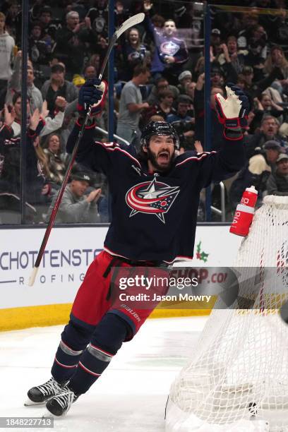 Kirill Marchenko of the Columbus Blue Jackets celebrates during the second period against the Los Angeles Kings at Nationwide Arena on December 05,...