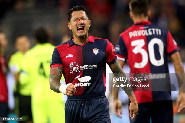 Gianluca Lapadula of Cagliari injured during the Serie A TIM match between Cagliari Calcio and US Sassuolo at Sardegna Arena on December 11, 2023 in...