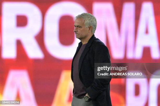 Roma's Portuguese coach Jose Mourinho walks on the pitch before the UEFA Europa League football match between AS Roma and FC Sheriff on December 14,...