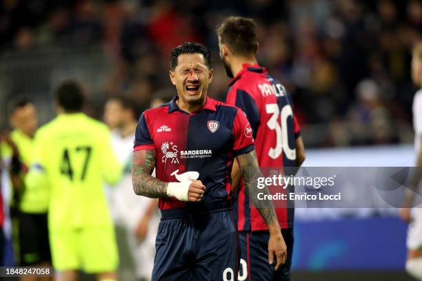 Gianluca Lapadula of Cagliari injured during the Serie A TIM match between Cagliari Calcio and US Sassuolo at Sardegna Arena on December 11, 2023 in...