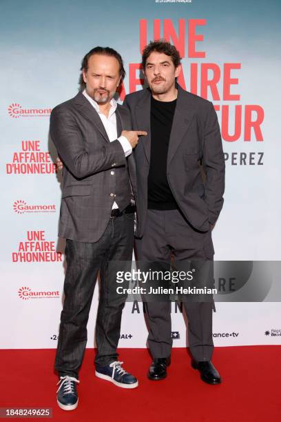 Vincent Perez and Damien Bonnard attend the "Une Affaire D'Honneur" Premiere At Cinema UGC Normandie on December 11, 2023 in Paris, France.