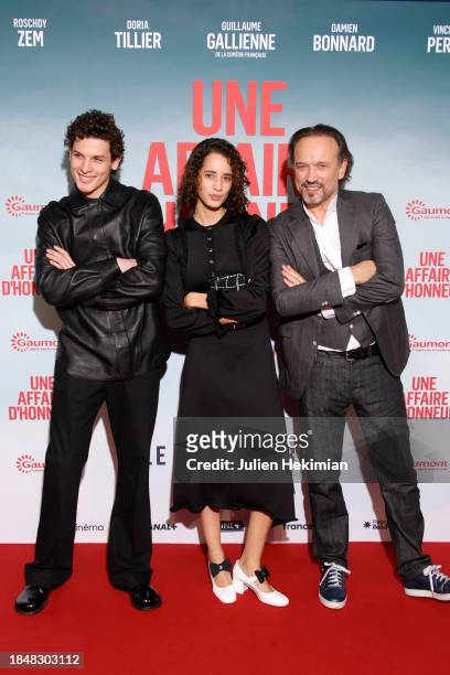Noham Edje, Iman Perez and Vincent Perez attend the "Une Affaire D'Honneur" Premiere At Cinema UGC Normandie on December 11, 2023 in Paris, France.