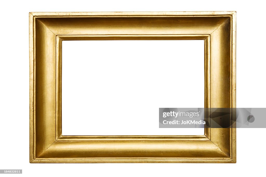 Gold empty picture frame on white background