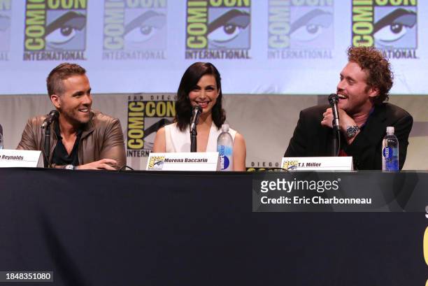 Ryan Reynolds, Morena Baccarin and T.J. Miller seen at the Twentieth Century Fox Presentation at 2015 Comic Con on Saturday, July 11 in San Diego.