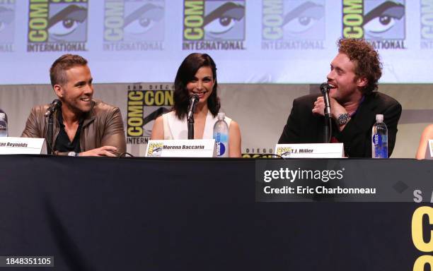 Ryan Reynolds, Morena Baccarin and T.J. Miller seen at the Twentieth Century Fox Presentation at 2015 Comic Con on Saturday, July 11 in San Diego.