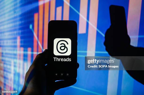 In this photo illustration a Meta Threads logo is displayed on a smartphone with stock market percentages in the background.