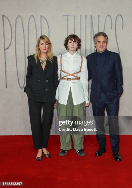 Sunrise Coigney, Bella Noche Ruffalo and Mark Ruffalo attend the UK Gala Screening of "Poor Things" at the Barbican Centre on December 14, 2023 in...