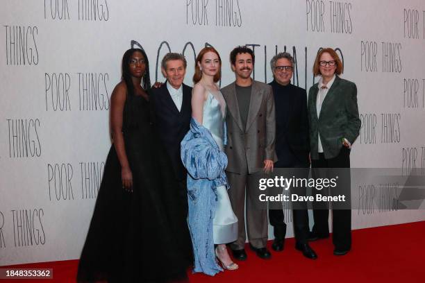 Suzy Bemba, Willem Dafoe, Emma Stone, Ramy Youssef, Mark Ruffalo and Vicki Pepperdine attend the UK Gala Screening of "Poor Things" at the Barbican...