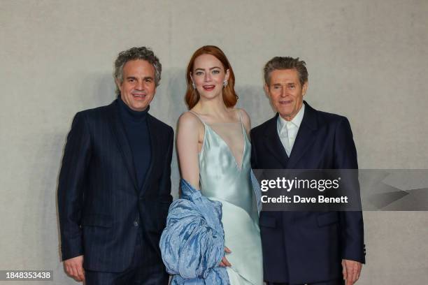 Mark Ruffalo, Emma Stone and Willem Dafoe attend the UK Gala Screening of "Poor Things" at the Barbican Centre on December 14, 2023 in London,...