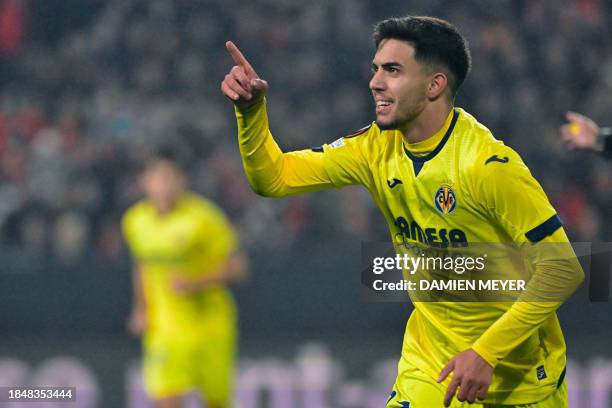 Villarreal's Spanish forward Ilias Akhomach celebrates scoring his team's second goal during the UEFA Europa League group F football match between...