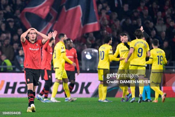 Rennes' Belgian defender Arthur Theate reacts after a goal wich was later disallowed during the UEFA Europa League group F football match between...