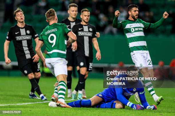 Sporting's Portuguese forward Viktor Gyokeres scores during the UEFA Europa League 1st round day 6 group D football match between Sporting Lisbon and...