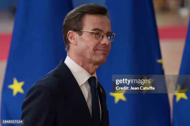 Prime Minister of Sweden Ulf Kristersson arrives at the European Council summit at Batiment Europa on December 14, 2023 in Brussels, Belgium.