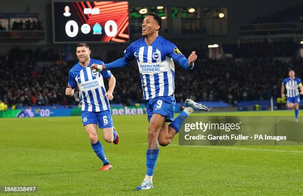 Brighton and Hove Albion's Joao Pedro celebrates scoring their side's first goal of the game during the UEFA Europa League group B match at the...