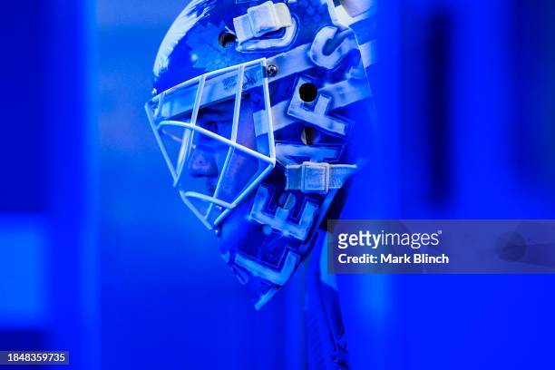 ITORONTO, ON Ilya Samsonov of the Toronto Maple Leafs looks on from inside the dressing room before facing the Columbus Blue Jackets at the...