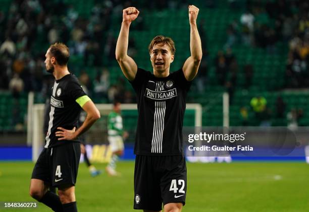 David Affengruber of SK Sturm Graz celebrates the qualification for the UEFA Conference League at the end of the Group D - UEFA Europa League 2023/24...