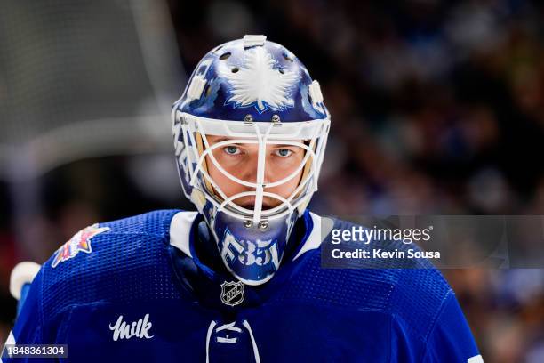 Ilya Samsonov of the Toronto Maple Leafs looks on against the Columbus Blue Jackets during the first period at the Scotiabank Arena on December 14,...